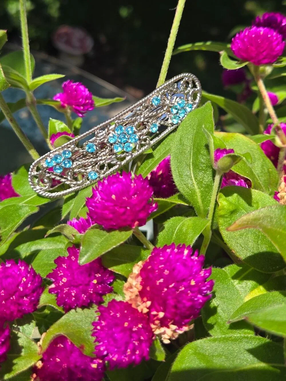 Something Blue Rhinestone Hair Clip - Vintage Silver & Blue Floral Bridal Barret